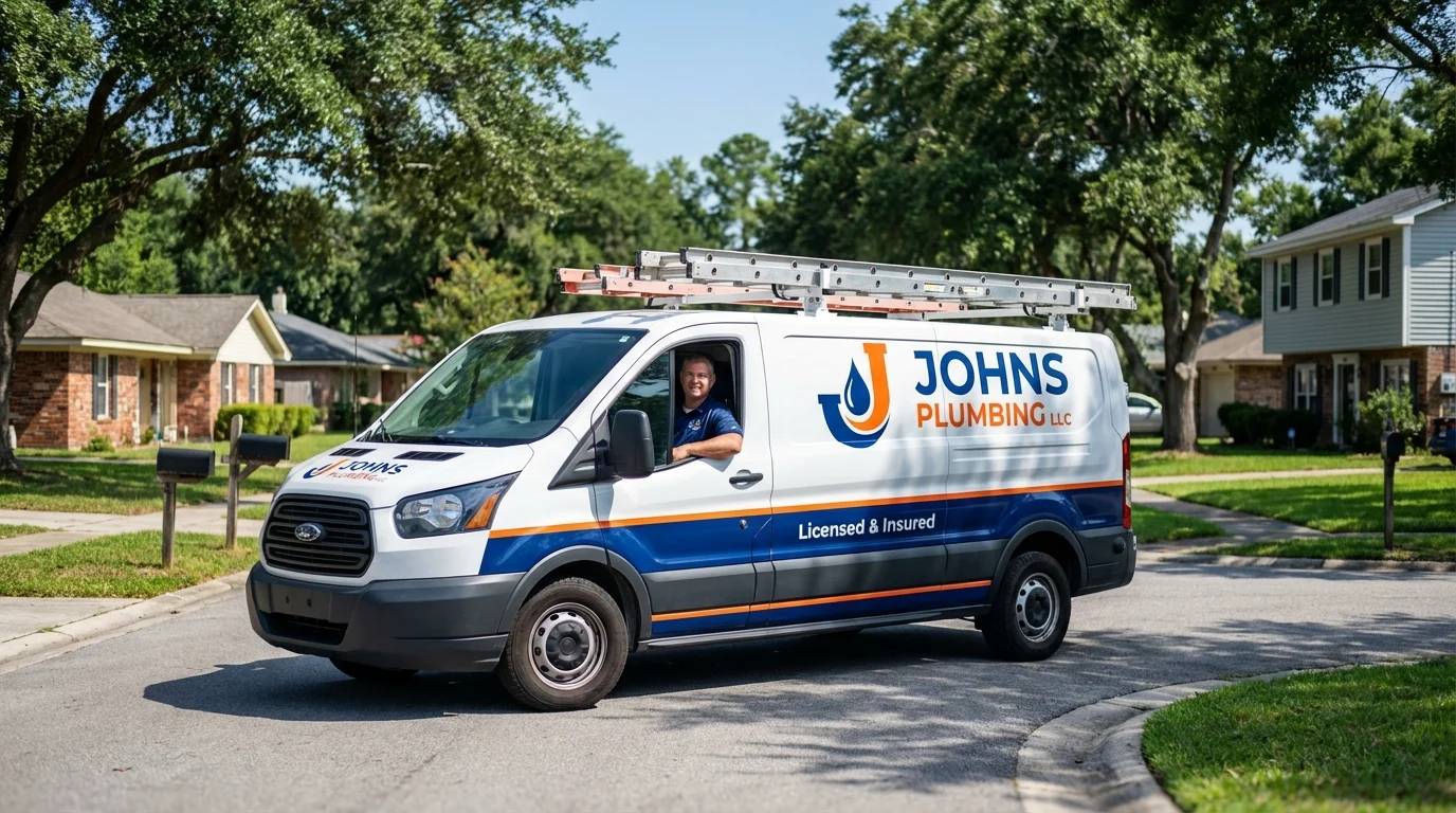 Johns Plumbing LLC service van in Huntington, NY