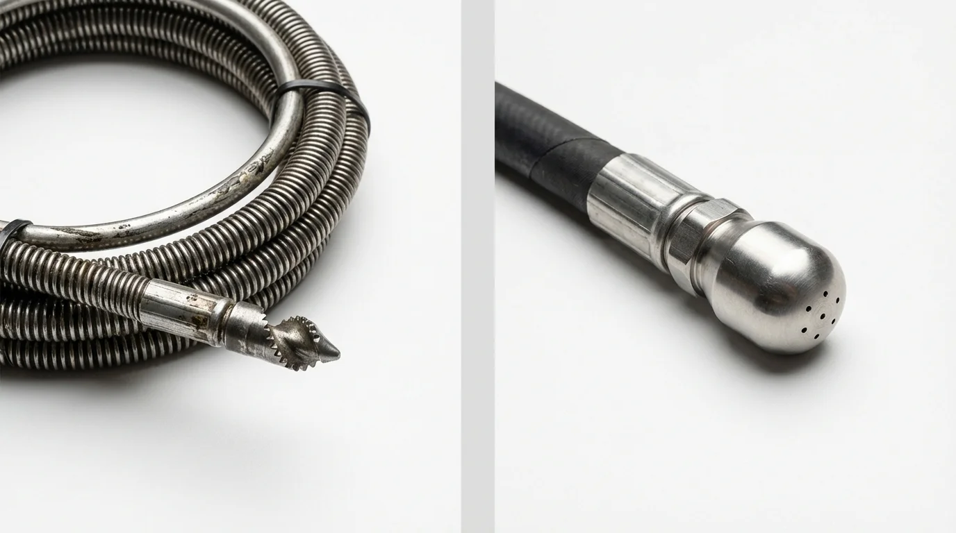Drain snake cable and hydro jetting nozzle used for drain cleaning in Huntington, NY