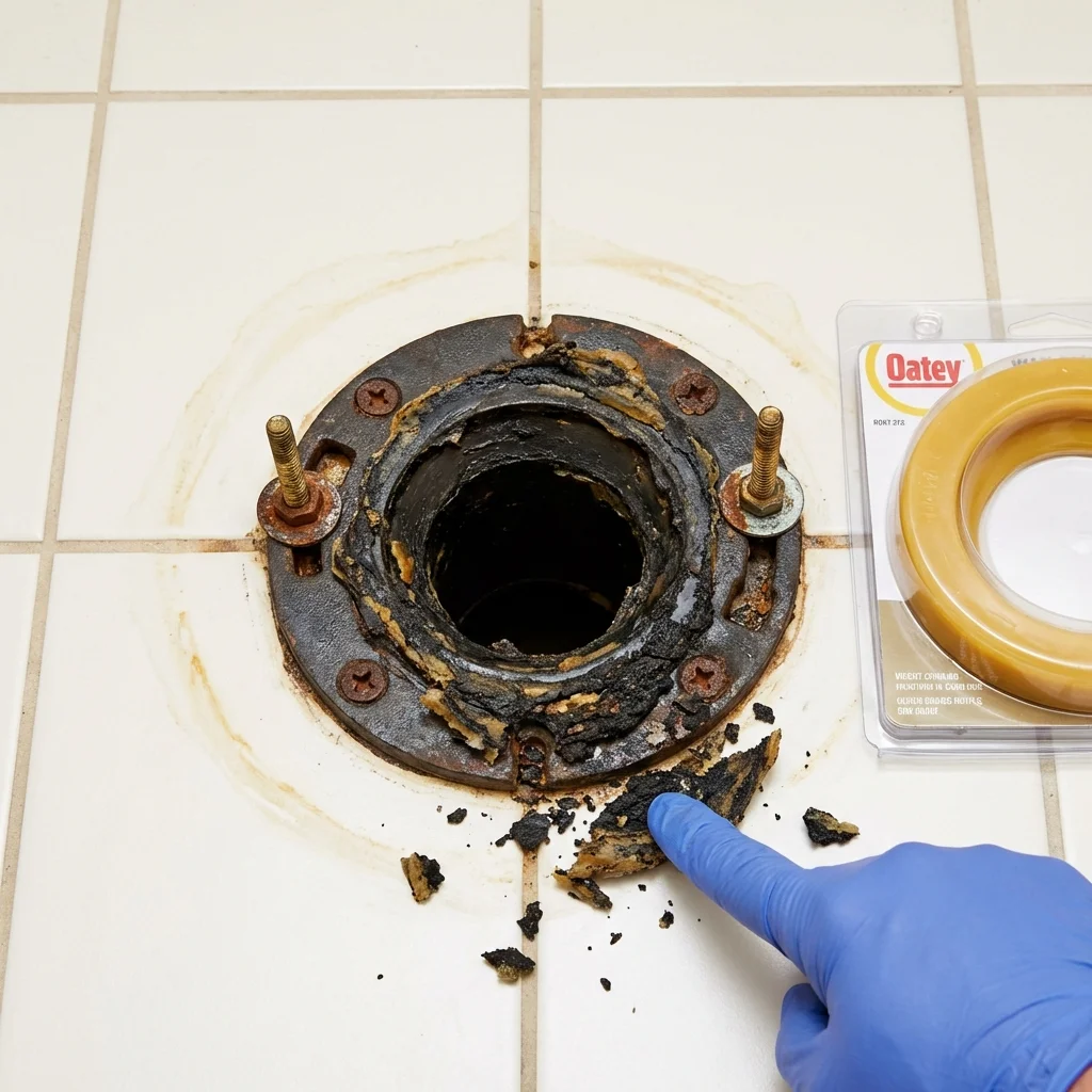 Failed wax ring showing water seepage at the base of a toilet in a Huntington, NY home