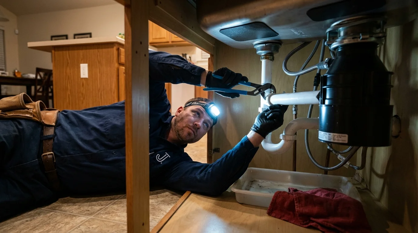 P-trap and supply line connections under a kitchen sink showing a common leak point in Huntington, NY